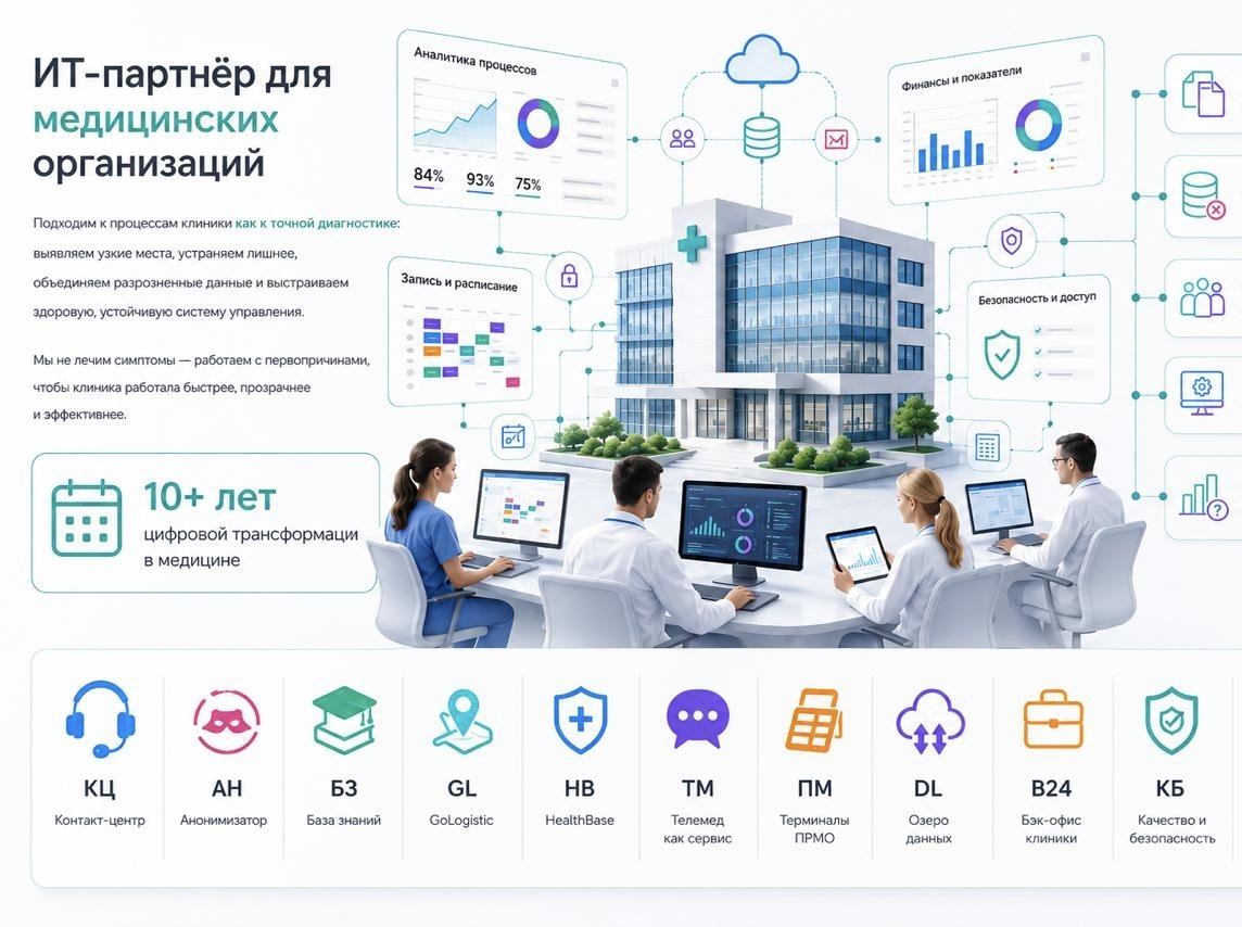 ИТ-партнёр для медицинских организаций: аналитика процессов, запись и расписание, финансы и показатели, безопасность и доступ — здоровая система управления клиникой